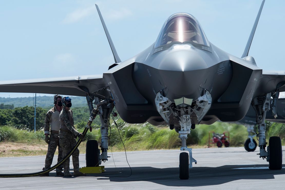 US Air Force airmen perform hot-pit refueling on an F-35A fighter at Northwest Field as part of an Agile Combat Employment (ACE) on Guam in February.