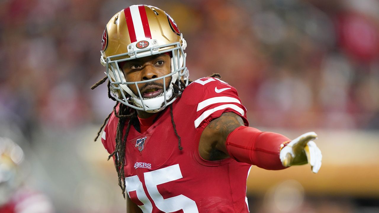 Richard Sherman, seen here in a 2019 NFL game playing for the San Francisco 49ers, was arrested Wednesday by police in Redmond, Washington.