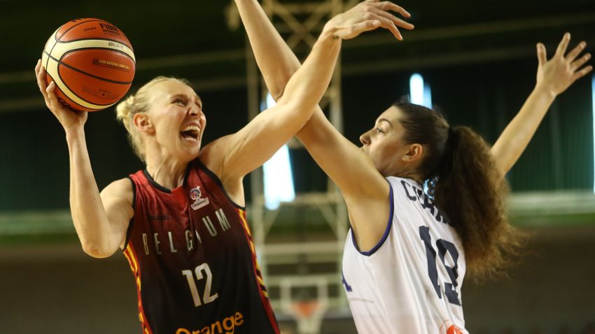 Belgian Cats Ann Wauters and Italian Lorela Cubaj fight for the ball during a friendly game between the Belgian national women team 'the Belgian Cats' and Italy ahead of the European championships Eurobasket 2019, Friday 21 June 2019, in Wevelgem. BELGA PHOTO VIRGINIE LEFOUR        (Photo credit should read VIRGINIE LEFOUR/AFP via Getty Images)