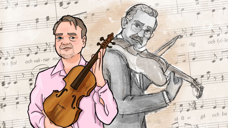 <strong>Musical mystery:</strong> Hans Öqvist bought a violin from a Swedish thrift store and later discovered it had once belonged to a man called Hakon Lundström. Lundström composed a melody set to a poem by Swedish author August Strindberg. This melody was arranged in 2008 by musician Jan Alm, and is sampled in this illustration.