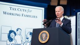 US President Joe Biden speaks about the Child Tax Credit relief payments that are part of the American Rescue Plan during an event in the Eisenhower Executive Office Building in Washington, DC, July 15, 2021. 