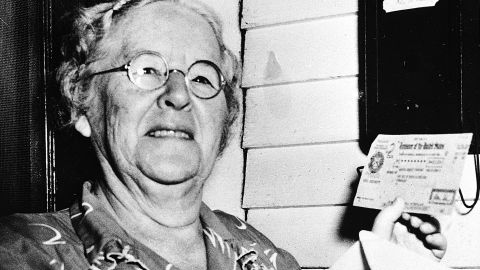 In this October 1950 photo, Ida May Fuller, 76, displays a Social Security check for $41.30 that she received at her home in Ludlow Vermont. On Jan. 31, 1940, Fuller received the country's first Social Security check for $22.54. By the time she died in 1975 at age 100, she had received nearly $23,000 in benefits.