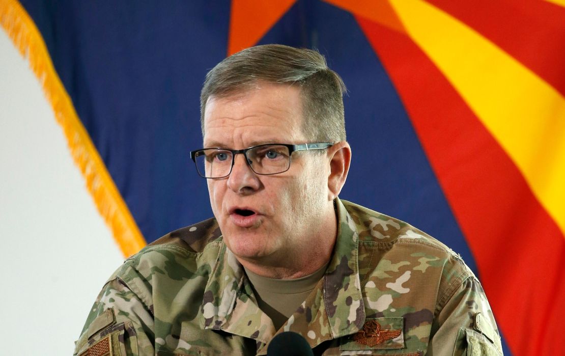 In this May 20, 2020, file photo, then-Arizona National Guard Maj. Gen. Michael McGuire, director of the Department of Emergency and Military Affairs, answers a question at a news conference in Phoenix.