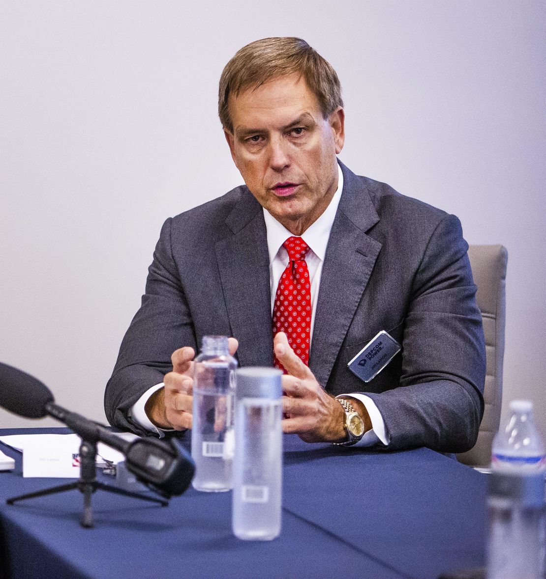 Jim Lamon, Depcom Power CEO, makes a point during a discussion about the economy and jobs at Depcom Power in Scottsdale on August 2019.