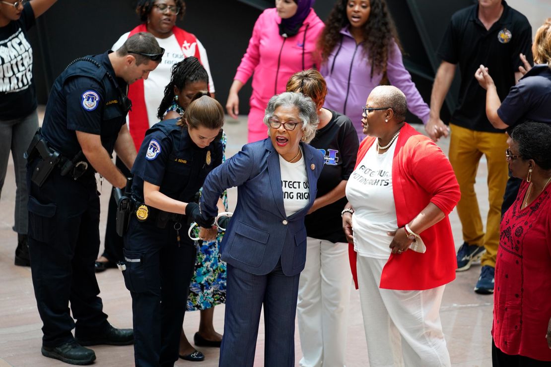 Rep. Joyce Beatty, D-Ohio, chair of the Congressional Black Caucus, and other activists were arrested Thursday during a demonstration in the Hart Senate Office Building on Capitol Hill.