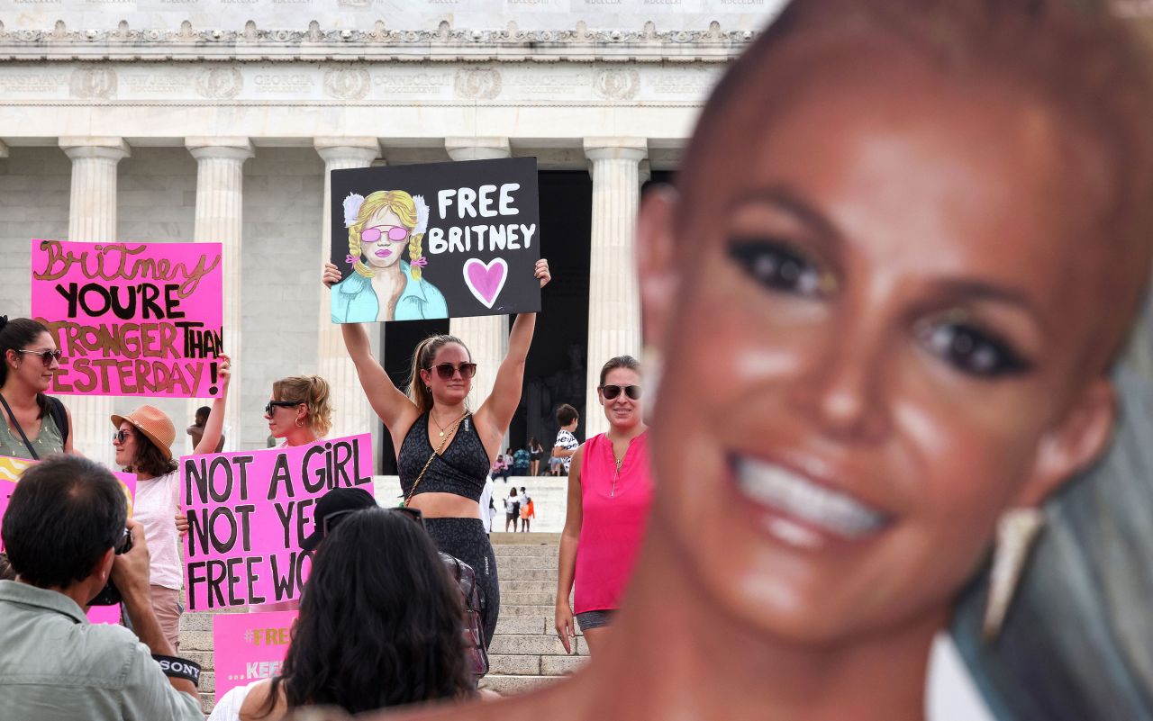 Supporters of <a href="http://www.cnn.com/2021/02/09/entertainment/gallery/britney-spears/index.html" target="_blank">pop star Britney Spears</a> participate in a "Free Britney" rally at the Lincoln Memorial in Washington, DC, on Wednesday, July 14. Spears <a href="https://www.cnn.com/2021/07/14/entertainment/britney-spears-july-14-conservatorship-hearing/index.html" target="_blank">broke down in tears</a> during a court hearing Wednesday, saying that she wants her father out as co-conservator of her estate. He's held that role since 2008.