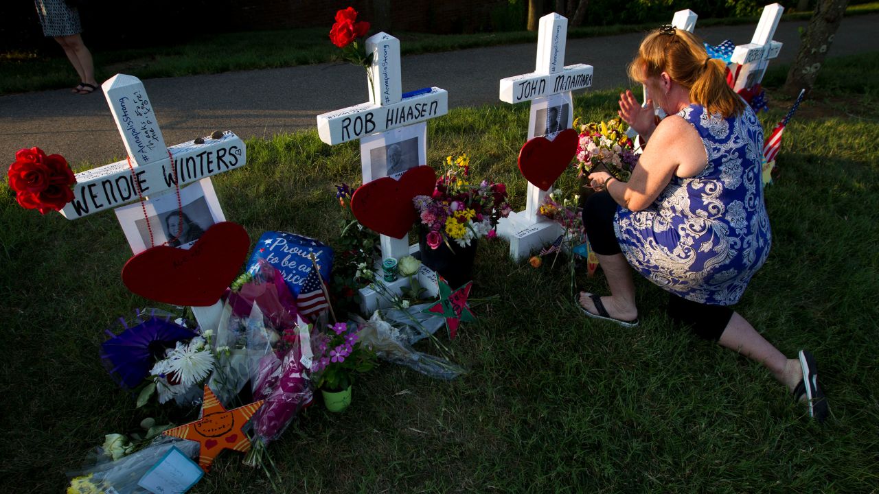 A makeshift memorial outside the office building housing The Capital Gazette newspaper in Annapolis, Maryland, on July 1, 2018