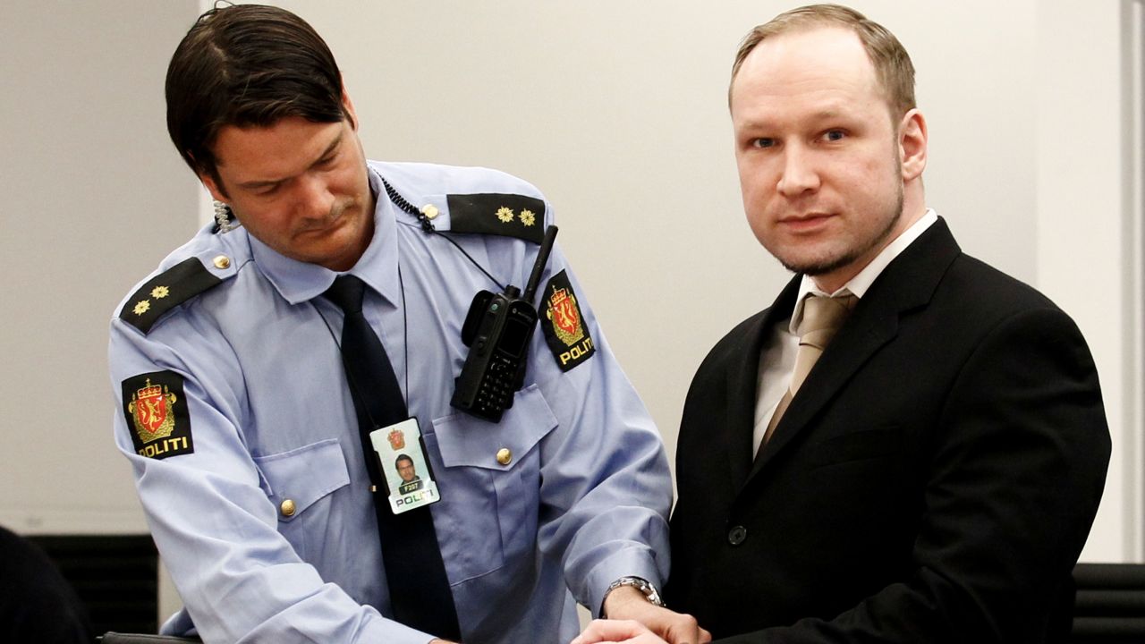 Rightwing extremist Anders Behring Breivik arrives in court on April 16, 2012 for the start of his trial.