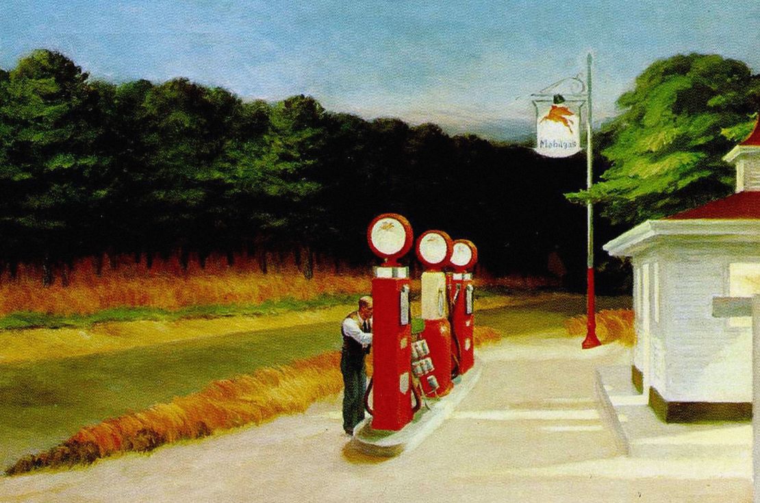 In Edward Hopper's "Gas" (1940) artificial lights mingle with the fading day as a lonely worker tends to cherry-red gas pumps that fuel the expeditions of an entire nation.