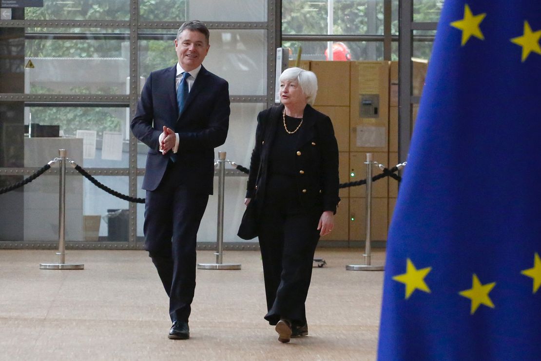 Paschal Donohoe, Ireland's finance minister, and US Treasury Secretary Janet Yellen arrive at a meeting of EU finance ministers in Brussels, Belgium, on Monday, July 12.