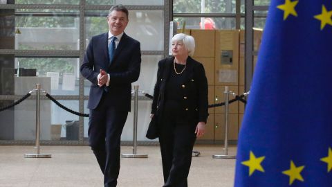 Paschal Donohoe, Ireland's finance minister, and US Treasury Secretary Janet Yellen arrive at a meeting of EU finance ministers in Brussels, Belgium, on Monday, July 12.