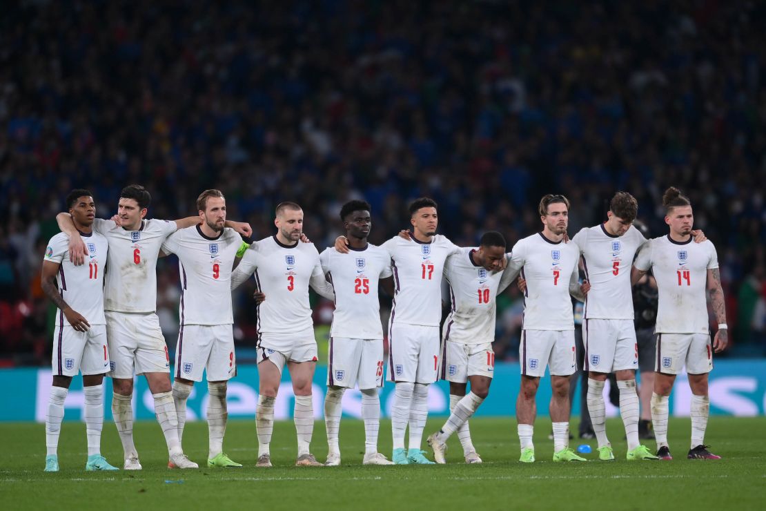 England players look on in a penalty shoot out during the UEFA Euro 2020 Championship Final between Italy and England at Wembley Stadium on July 11, 2021.
