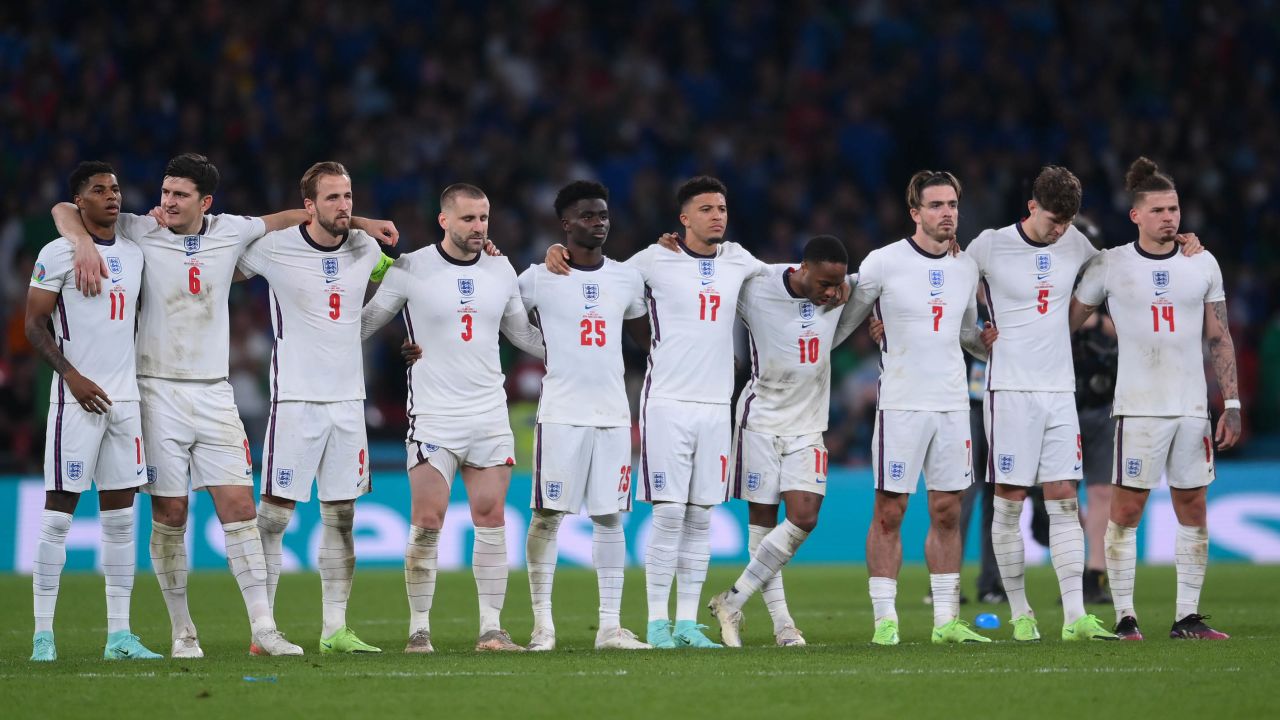 England players look on in a penalty shoot out during the UEFA Euro 2020 Championship Final between Italy and England at Wembley Stadium on July 11, 2021.