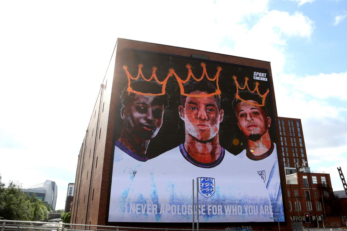 A mural in support of  Marcus Rashford, Jadon Sancho and Bukayo Saka was unveiled in Manchester in July after the Euro 2020 final.