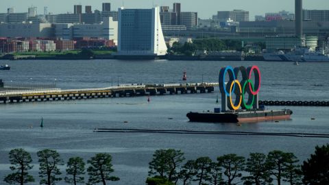 The Olympic rings float on a barge at Odaiba Marine Park as Tokyo prepares for the 2020 Summer Olympics.