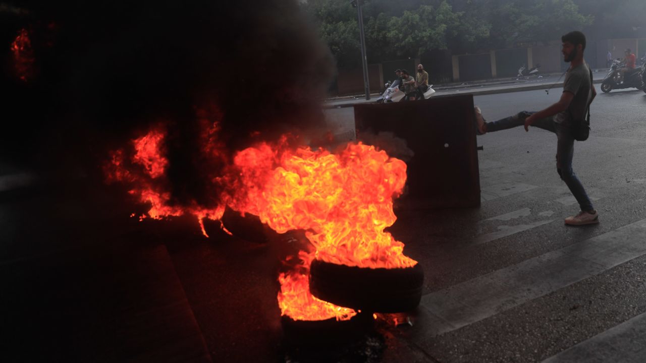 Saad Hariri's supporters block streets in Beirut on Thursday, July 15, 2021.
