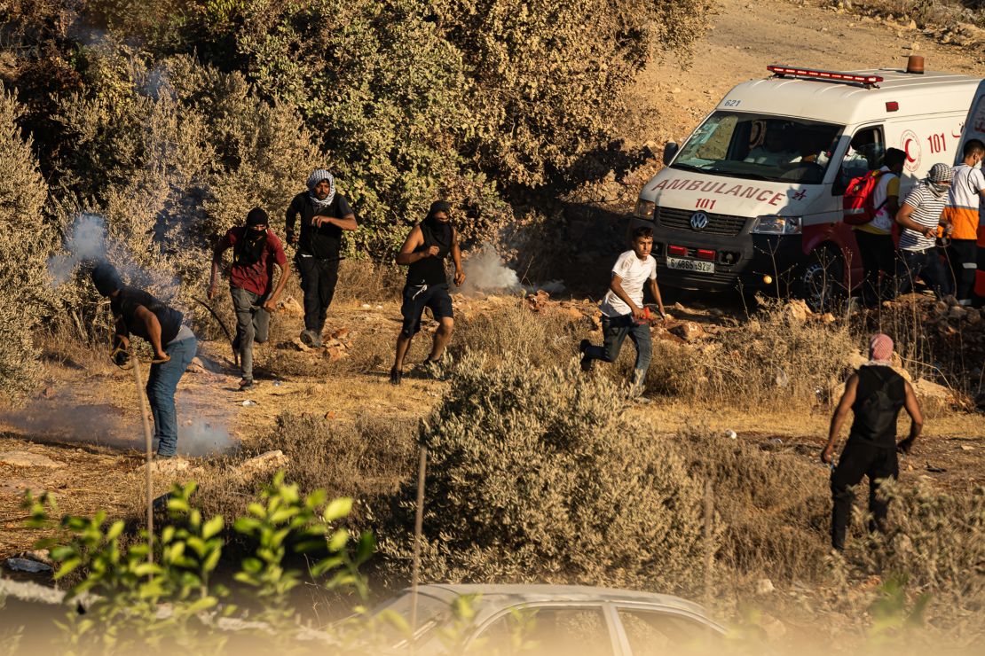 Young Palestinians in clashes with Israeli soldiers, in Beita on July 2.