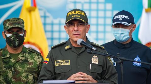 Colombia's Police Major General Jorge Luis Vargas speaks during a press conference were the high rank military and police members Major General of the Colombian Army, Luis Fernando Navarro, Major General of the Army Eduardo Zapateiro,  Major General of Police Jorge Luis Vargas and Colombia's minister of Defense, Diego Molano give new information on Colombians involved in the murder of the Haitian president Jovenel Moise. In Bogota, Colombia on July 12, 2021. (Photo by Sebastian Barros/NurPhoto via Getty Images)