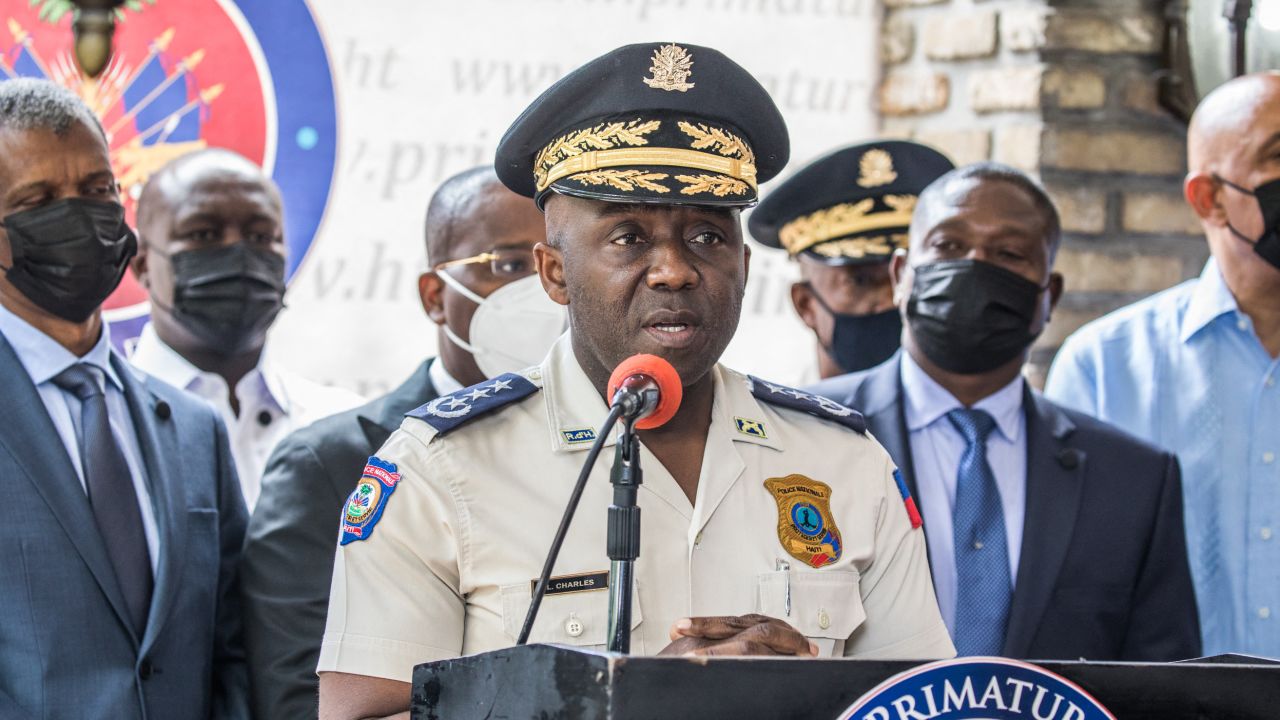 Haitian National Police Chief Léon Charles speaks during a press conference at Haitian Interim Prime Minister Claude Joseph's residence on July 16, 2021, in Port-au-Prince. 