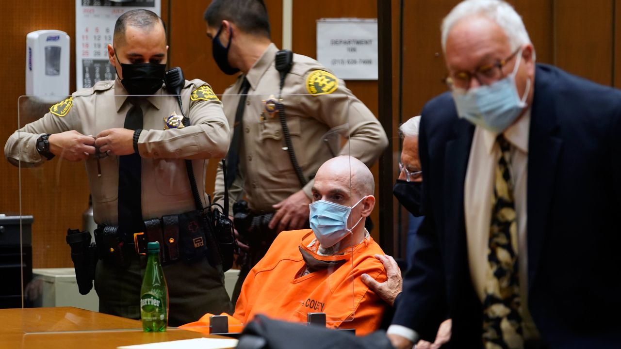 Serial killer Michael Thomas Gargiulo, sitting with his attorneys, Daniel Nardoni, middle, partially seen, and Dale Michael Rubin, right, after Los Angeles Superior Court Judge Larry P. Fidler read his death sentencing Friday. 