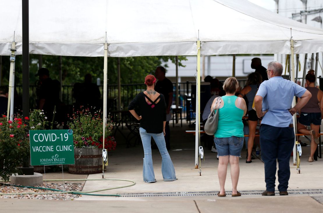 People line up for the vaccine at Mother's Brewing Company in Springfield, Missouri, on June 22, 2021.