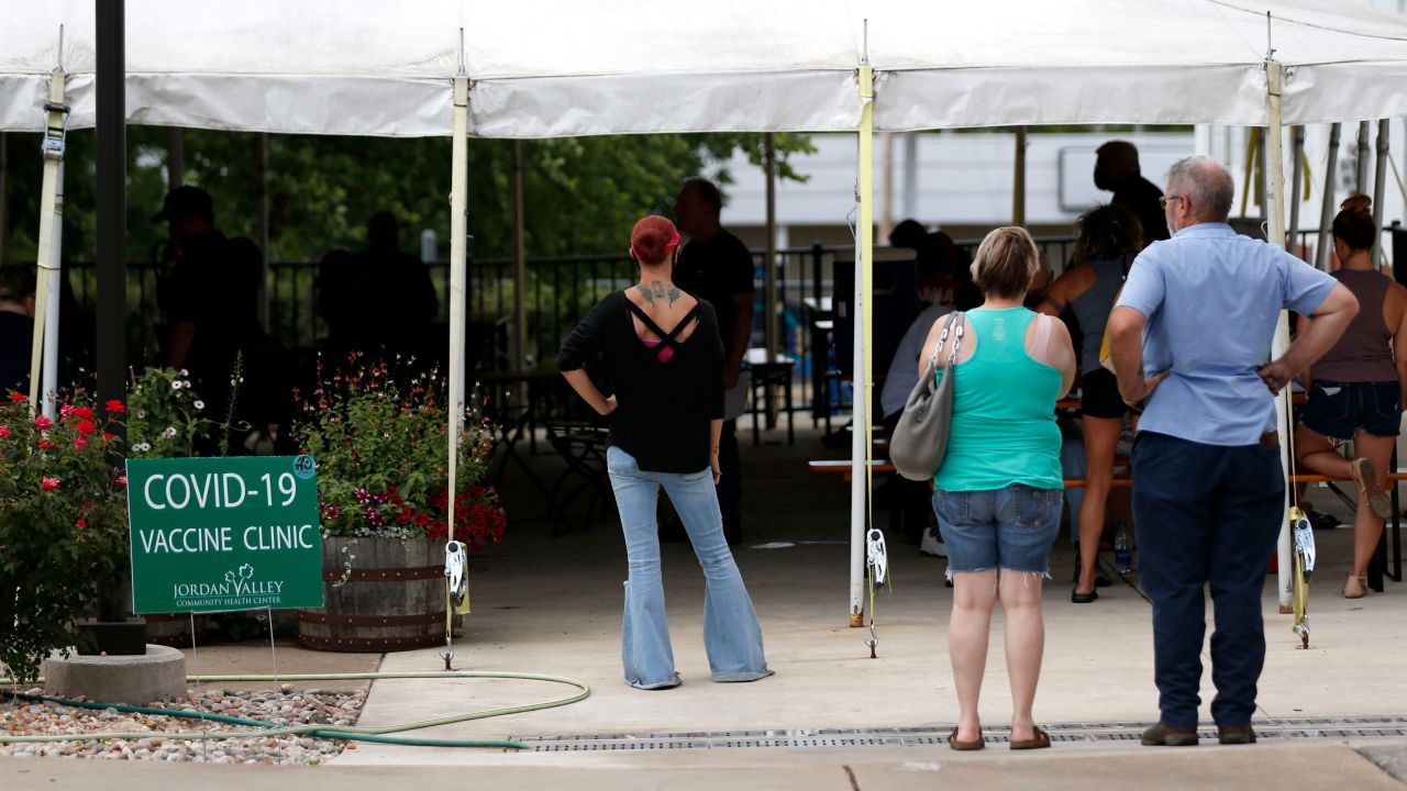 People line up for the vaccine at Mother's Brewing Company in Springfield, Missouri, on June 22, 2021.
