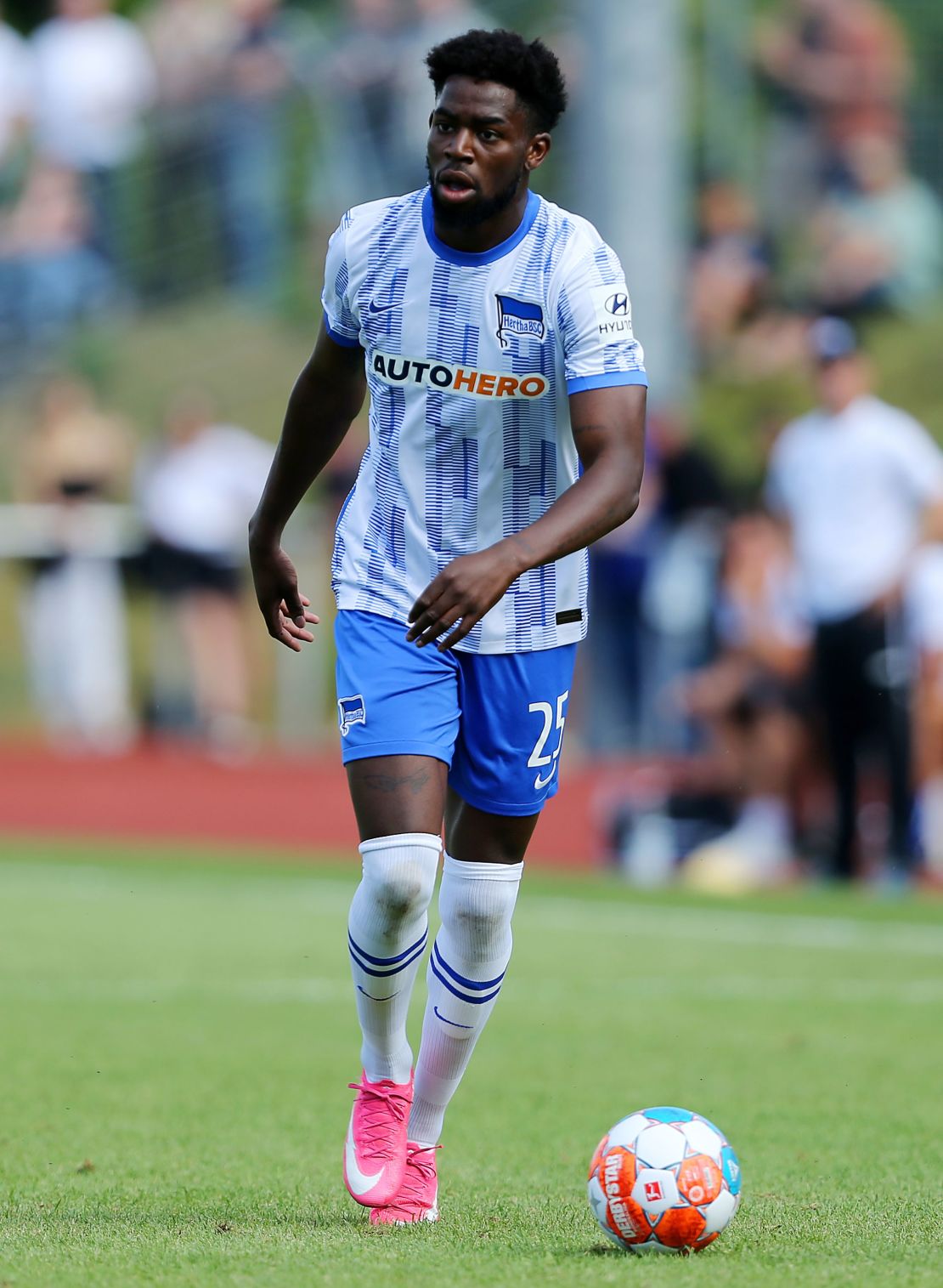 Hertha BSC's Jordan Torunarigha runs with the ball during the pre-season friendly match against MSV Neuruppin at Neuruppiner Volksparkstadion on July 7, 2021 in Neuruppin, Germany.