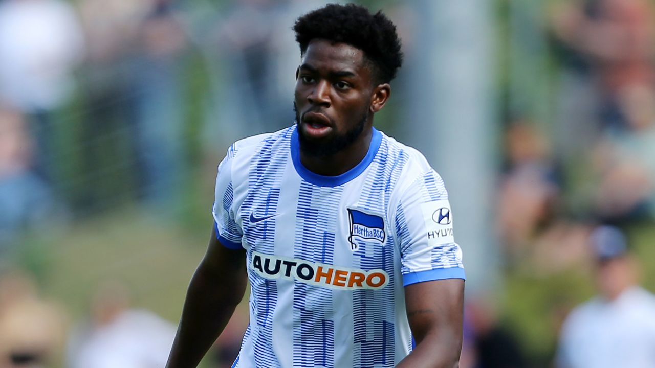 Hertha BSC's Jordan Torunarigha runs with the ball during the pre-season friendly match against MSV Neuruppin at Neuruppiner Volksparkstadion on July 7, 2021 in Neuruppin, Germany.