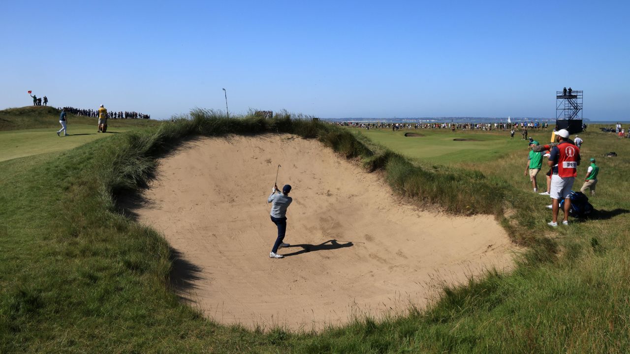 Spieth plays his second shot on the 7th hole at Royal St George's.