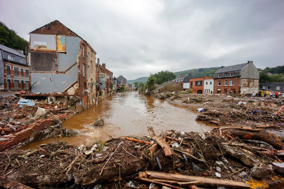 Homes are damaged in Pepinster, Belgium, on Saturday.