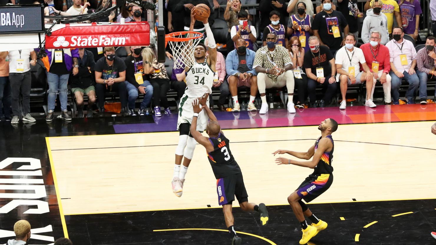 Giannis Antetokounmpo #34 of the Milwaukee Bucks dunks the ball during the game against the Phoenix Suns during Game Five of the 2021 NBA Finals on July 17, 2021 at Footprint Center in Phoenix, Arizona. 