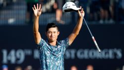 United States' Collin Morikawa celebrates on the 18th green after winning the British Open Golf Championship at Royal St George's golf course Sandwich, England, Sunday, July 18, 2021. (AP Photo/Peter Morrison)