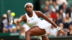 LONDON, ENGLAND - JULY 05: Coco Gauff of The United States stretches to play a forehand in her Ladies' Singles Fourth Round match against Angelique Kerber of Germany during Day Seven of The Championships - Wimbledon 2021 at All England Lawn Tennis and Croquet Club on July 05, 2021 in London, England. (Photo by Julian Finney/Getty Images)