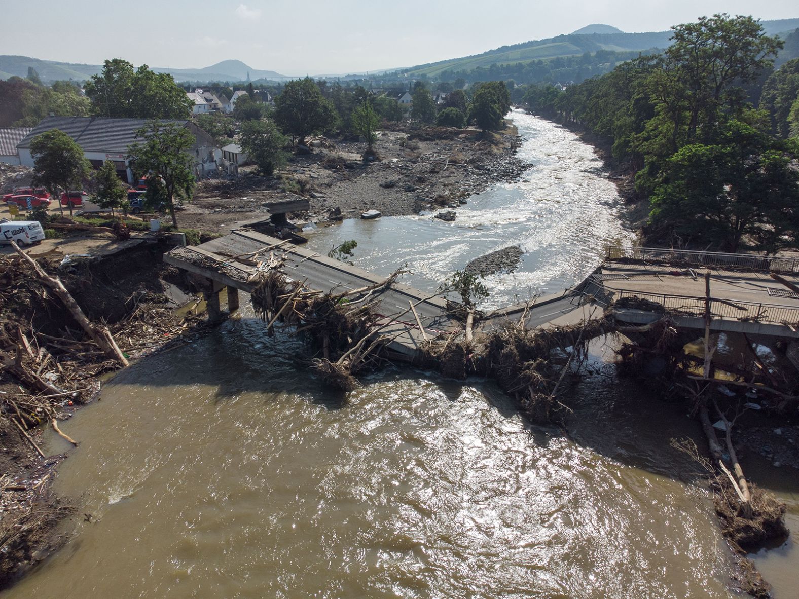 This aerial photo shows a bridge collapsed over the Ahr River in Germany's Ahrweiler district on Sunday.