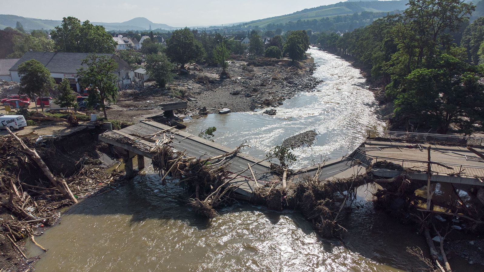 This aerial photo shows a bridge collapsed over the Ahr River in Germany's Ahrweiler district on Sunday.