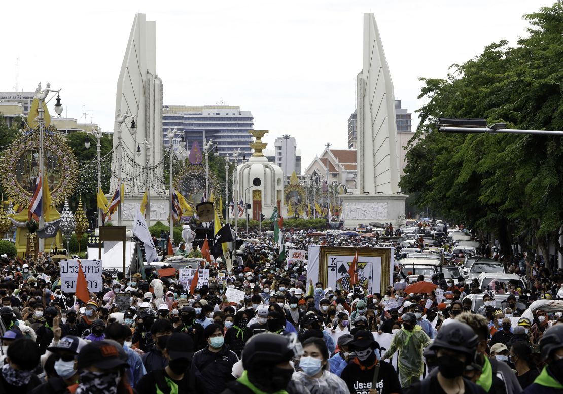 Pro-democracy protesters march in Bangkok in July, demanding Prime Minister Prayut Chan-o-cha steps down and the government be held accountable for mismanaging the pandemic.