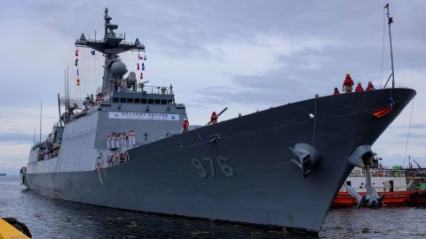 The South Korean navy destroyer Munmu the Great docks at the port of Manila on September 2, 2019.