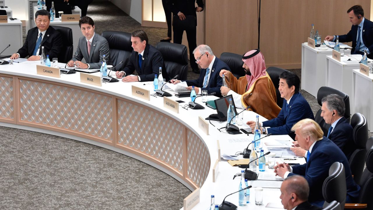 Xi Jinping sits on the far left at the G20 (Group of Twenty) summit meeting in Osaka, June 29, 2019.