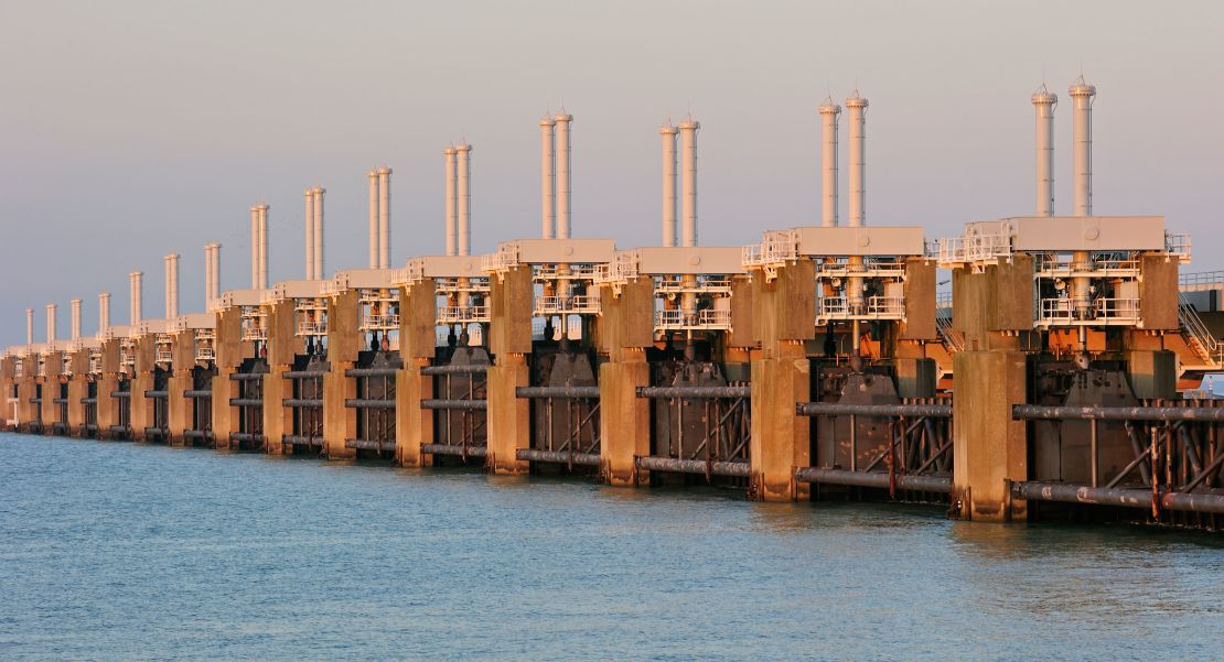 The eastern Scheldt storm surge barrier is part of the flood defense system in the Netherlands.