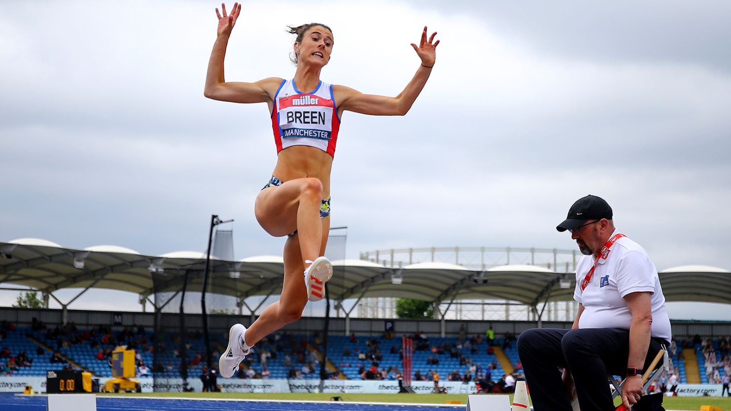 Olivia Breen competing in the Women's Long Jump Final at the Muller British Athletics Championships in Manchester, England on June 27, 2021 