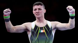 STUTTGART, GERMANY - OCTOBER 12: Rhys McClenaghan of Ireland celebrates after his routine in Men's Pommel Horse Final in the Apparatus Finals during Day 9 of 49th FIG Artistic Gymnastics World Championships at Hanns-Martin-Schleyer-Halle on October 12, 2019 in Stuttgart, Germany. (Photo by Laurence Griffiths/Getty Images)