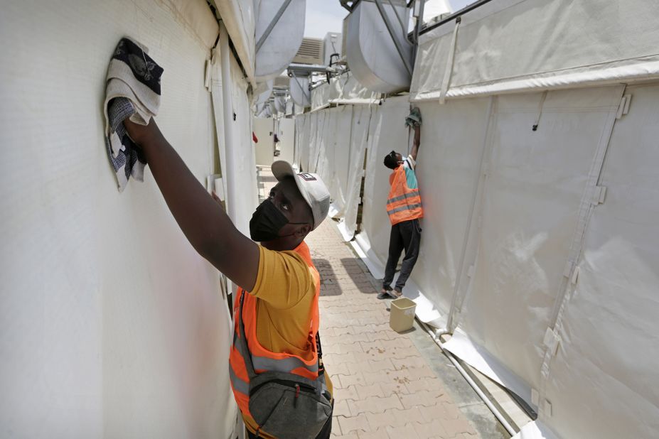 Sudanese workers disinfect tents in Mina as they prepare for Hajj pilgrims on July 14.
