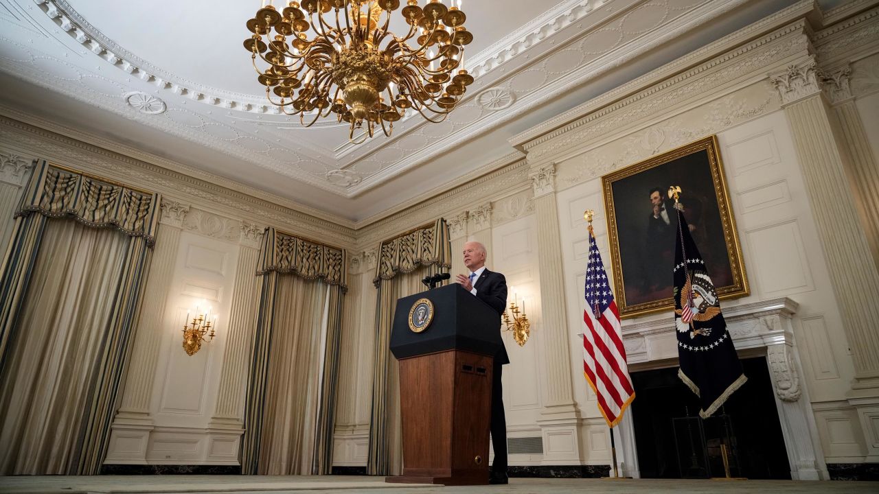 President Joe Biden speaks about the nation's economic recovery amid the COVID-19 pandemic in the State Dining Room of the White House on July 19, 2021 in Washington, DC.