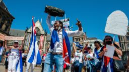 A man is shouting slogans against the Cuban regime, during the demonstration in support of Cuba organized in Amsterdam, on July 17th, 2021. (Photo by Romy Arroyo Fernandez/NurPhoto via Getty Images)