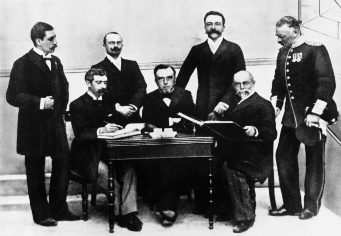 Left to right: Willabald Gebhardt of Germany, Baron Pierre de Coubertin of France, Jiri Guth of Bohemia, President Dimitros Vikelas of Greece, Ferenc Kemey of Hungary, Aleksei Butovksy of Russia, and Viktor Balck of Sweden at the first meeting of the International Olympic Committee, organized for the 1896 Olympic Games.