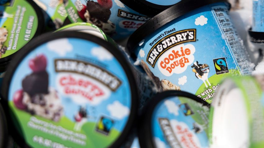 Ben and Jerry's ice cream is stored in a cooler at an event where founders Jerry Greenfield and Ben Cohen gave away ice cream to bring attention to police reform at the U.S. Supreme Court on May 20, 2021 in Washington, DC. The two are urging the ending of police qualified immunity. 