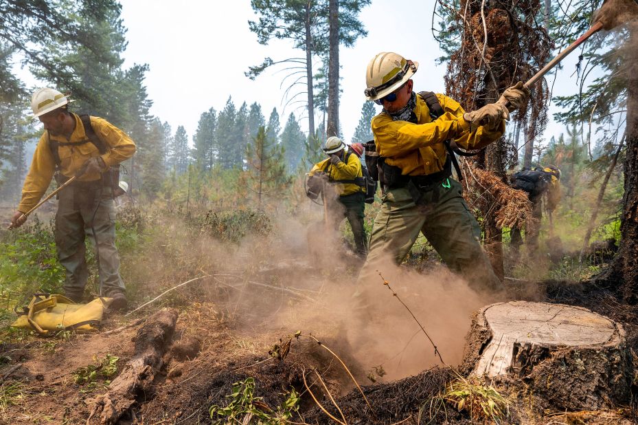 Firefighters dig away at hot spots underneath stumps and brush after flames from the Snake River Complex Fire swept through the area south of Lewiston, Idaho, on July 15.