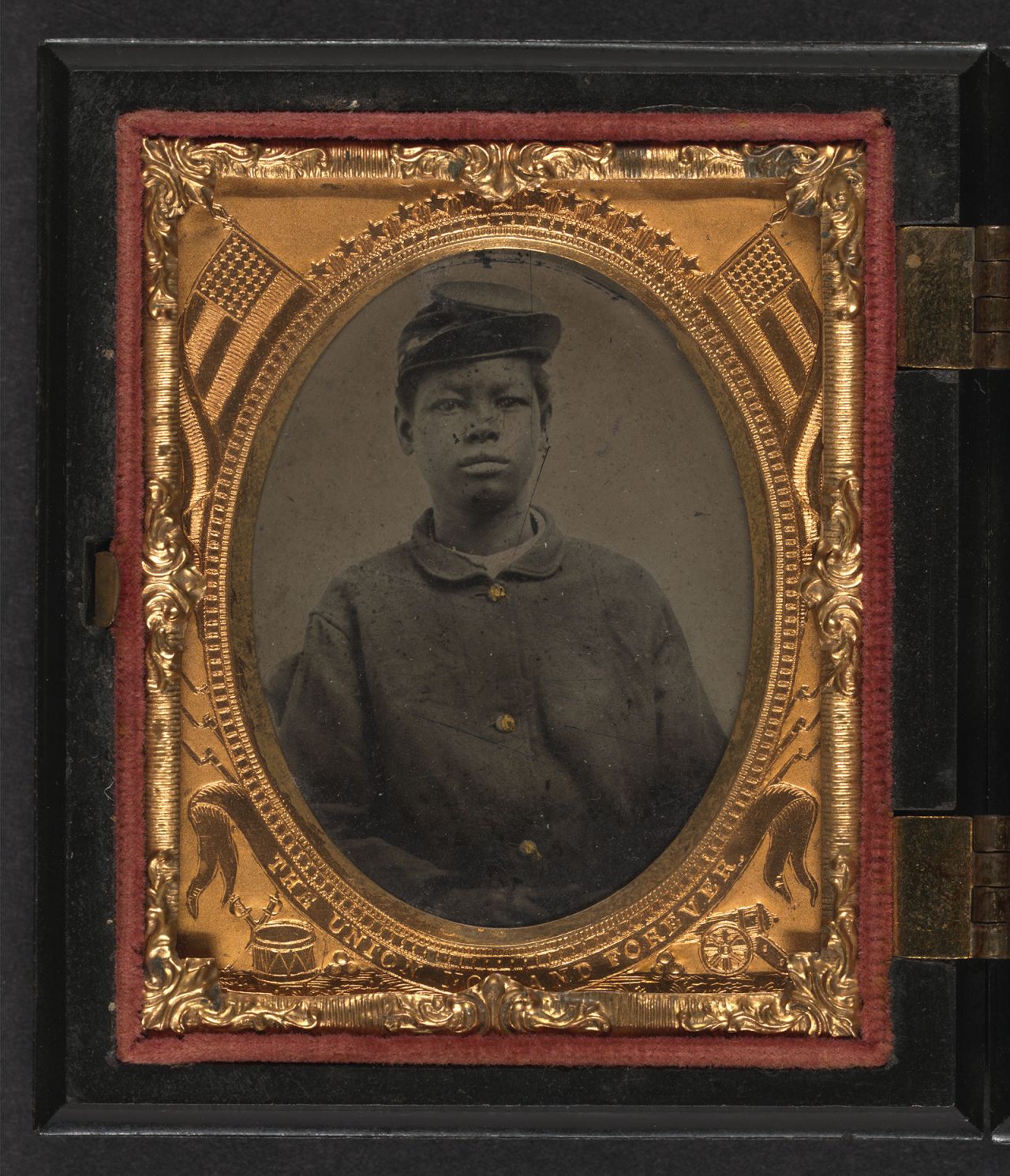 Portrait of an unidentified African American soldier in uniform, c. 1860s.