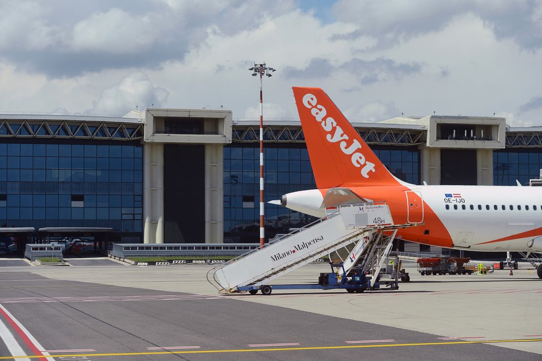 An EasyJet plane on the tarmac at Malpensa Airport on June 29, 2021 in Milan, Italy.