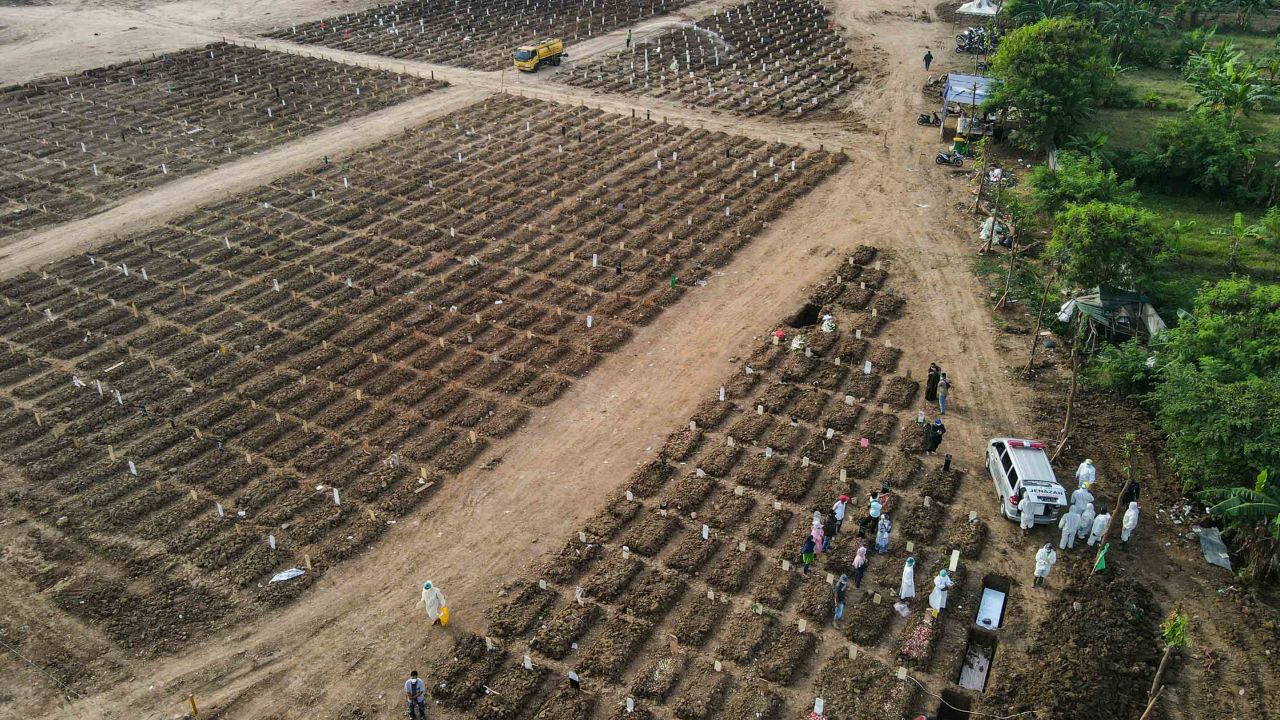 Graves for Covid-19 victims at the Rorotan Cemetery in Jakarta.